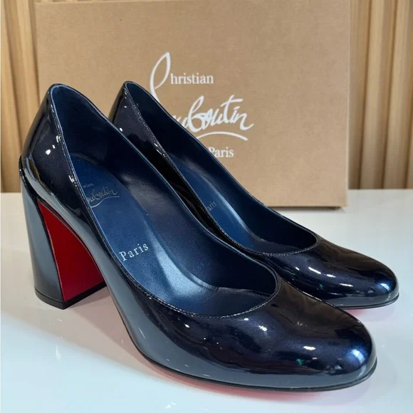Christian Louboutin Miss Sabina 85mm block-heel Patent Leathe Pumps Navy